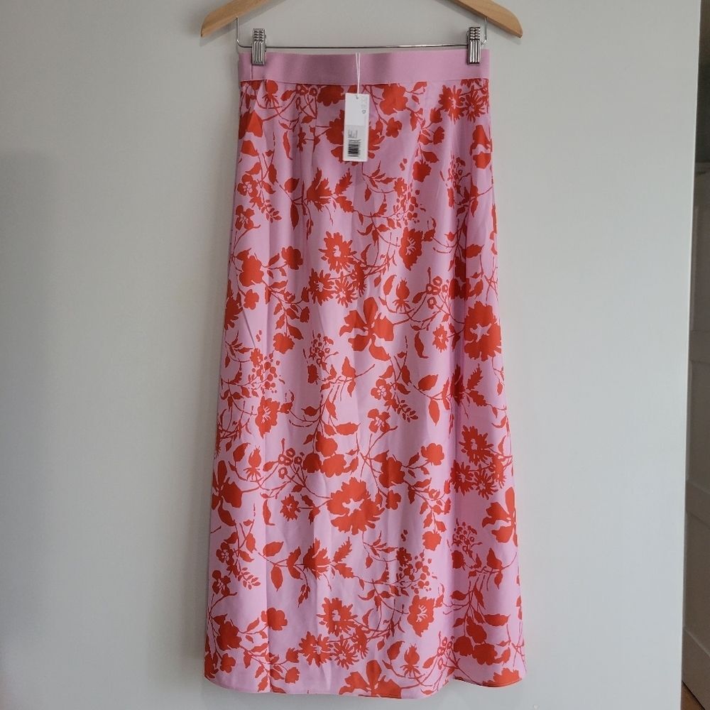 OUTERKNOWN Women's Pink Orange Floral Silky Midi Skirt Size S Tropical Resort - Picture 9 of 11